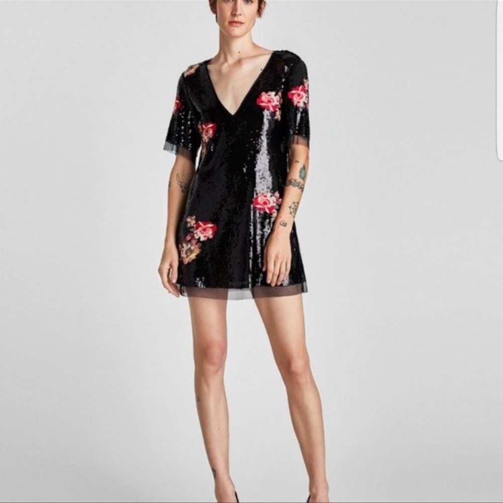ZARA Black Sequin Mini Dress with Floral Print